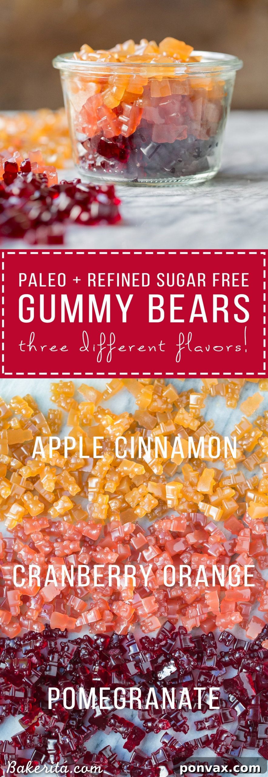 Delicious and healthy homemade Paleo Gummies in Pomegranate, Apple Cinnamon, and Cranberry Orange flavors, made with gut-healing gelatin. Perfect for a superfood snack!