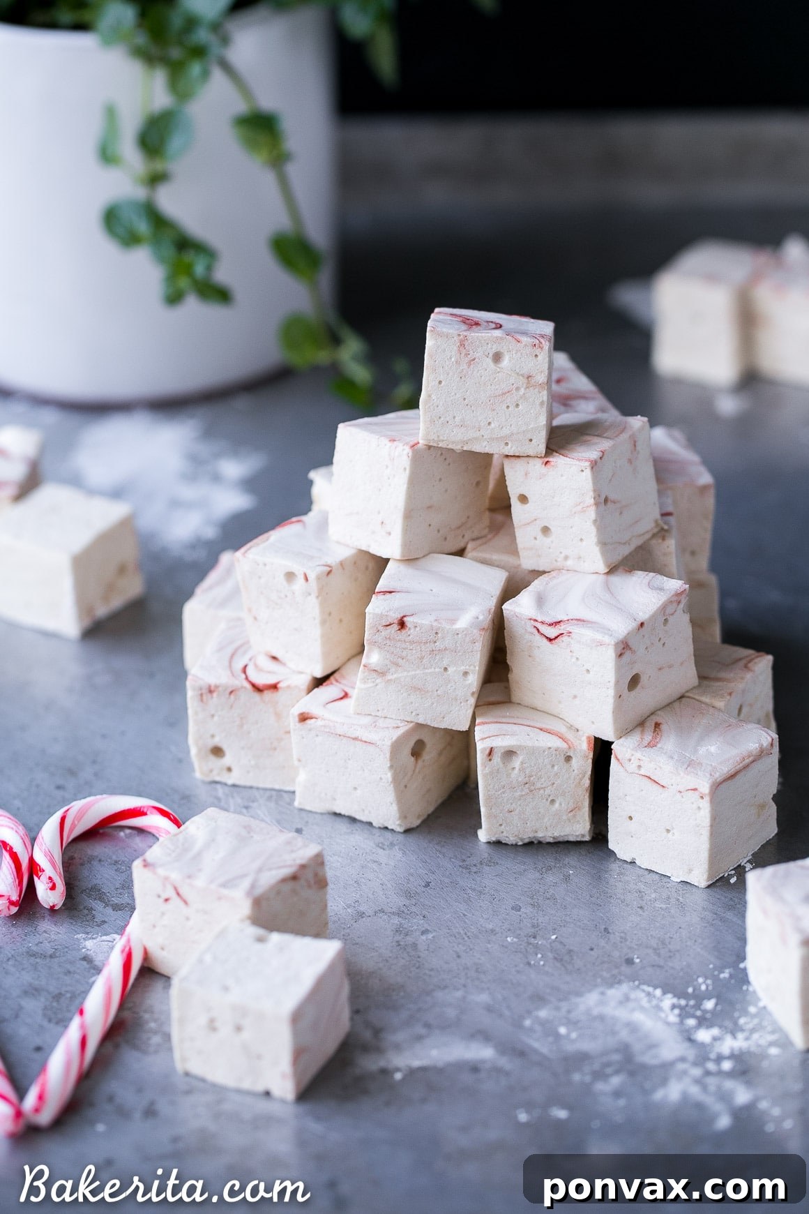 Light and fluffy Paleo Peppermint Marshmallows with a beautiful red swirl, perfect for hot chocolate