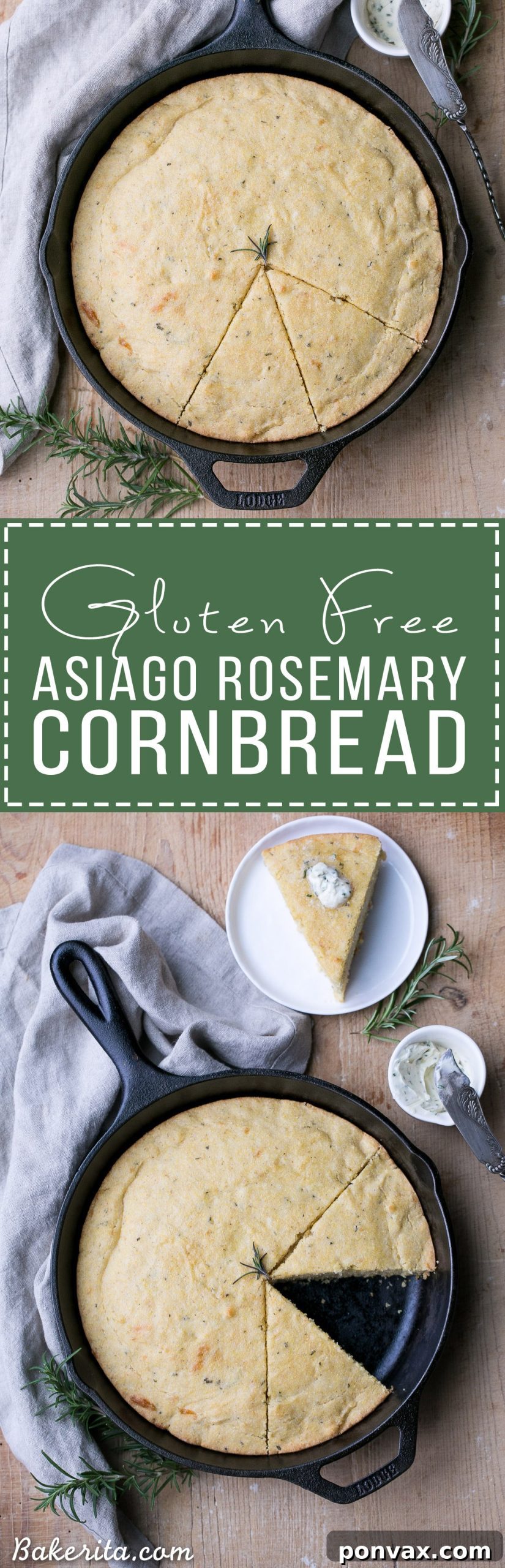 This Gluten Free Asiago Rosemary Cornbread is an easy, savory cornbread that's moist and flavorful. A slice of this gluten-free cornbread is perfect with a slather of butter or served with a bowl of soup!