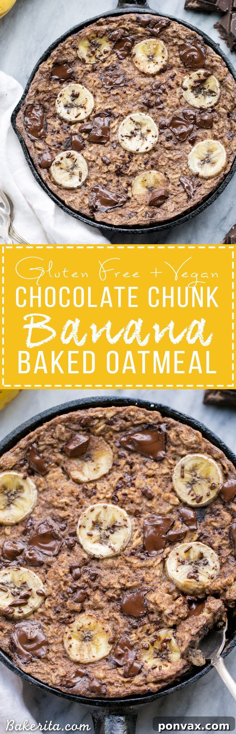 A top-down view of Chocolate Chunk Banana Baked Oatmeal, showing its inviting texture, golden crust, and fresh banana slices, ready to be enjoyed.