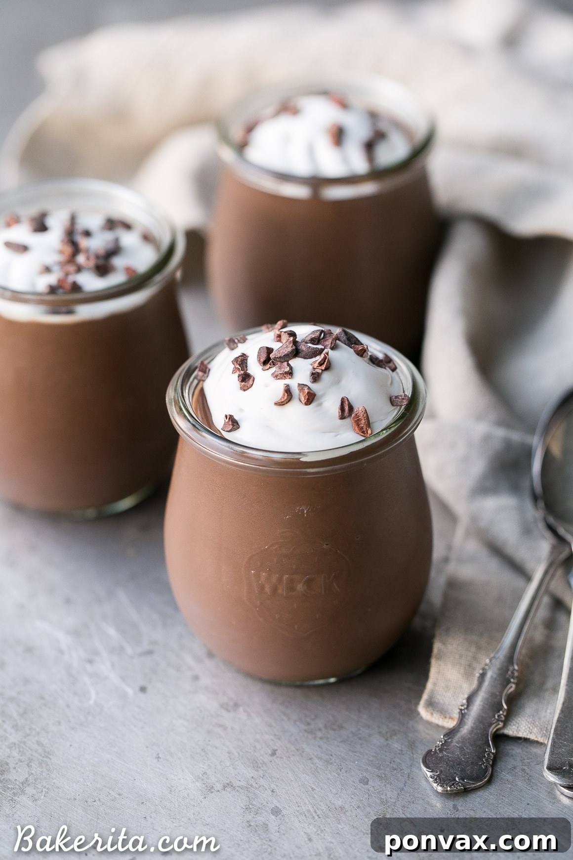 A serving of vegan chocolate pudding topped with fluffy coconut whipped cream, chocolate shavings, and cacao nibs.