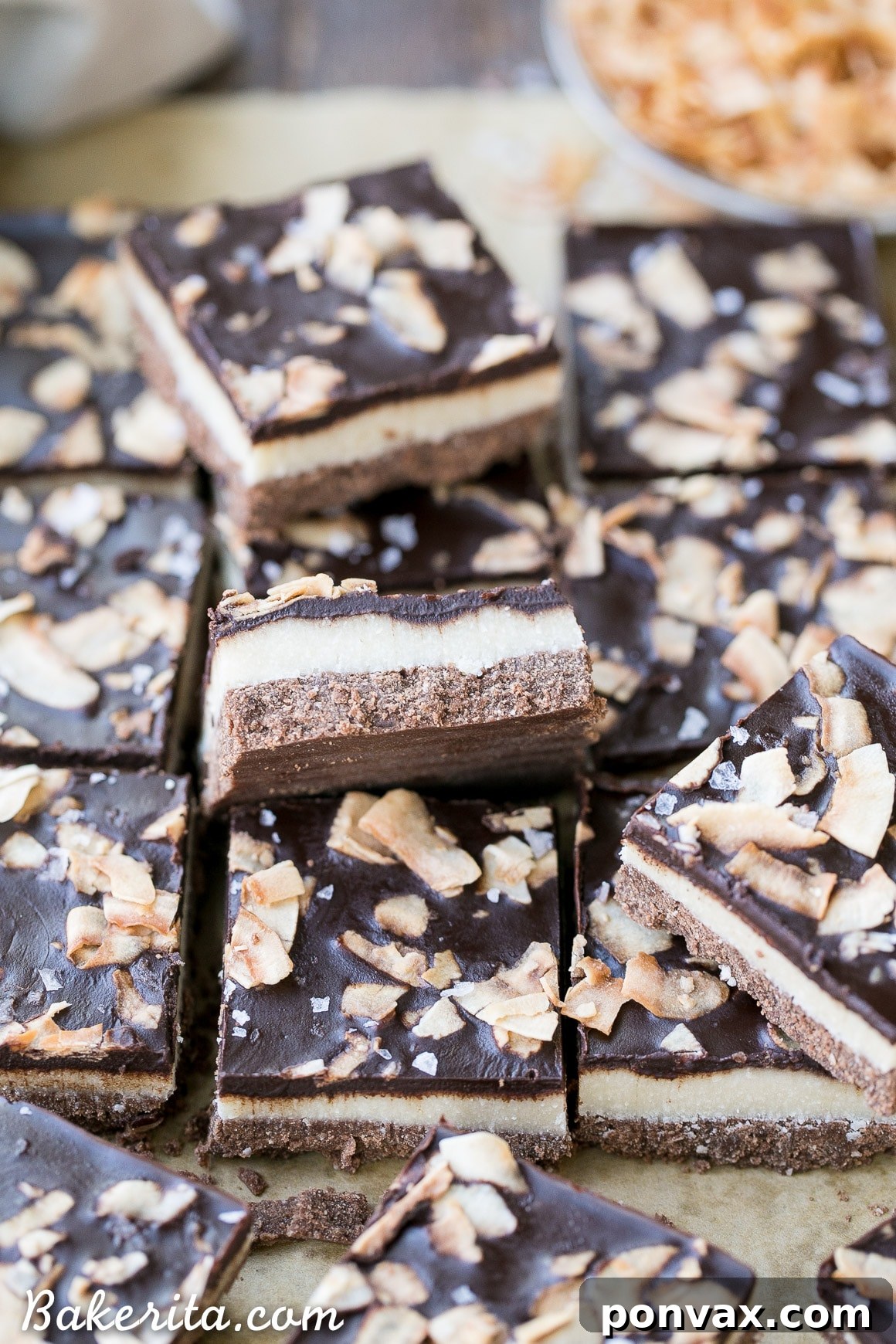 Beautifully presented chocolate coconut bars, showcasing their distinct layers and irresistible texture.