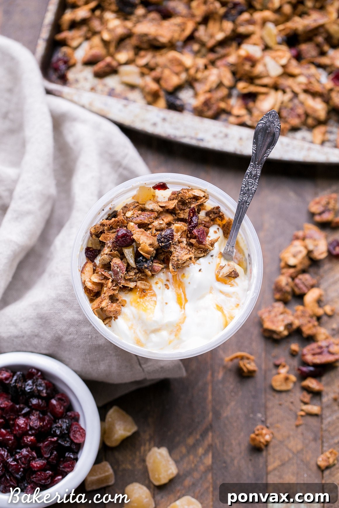 Paleo Vegan Grain-Free Orange Ginger Granola 2 Close-up of crunchy orange ginger grain-free granola with nuts, seeds, and dried fruit.