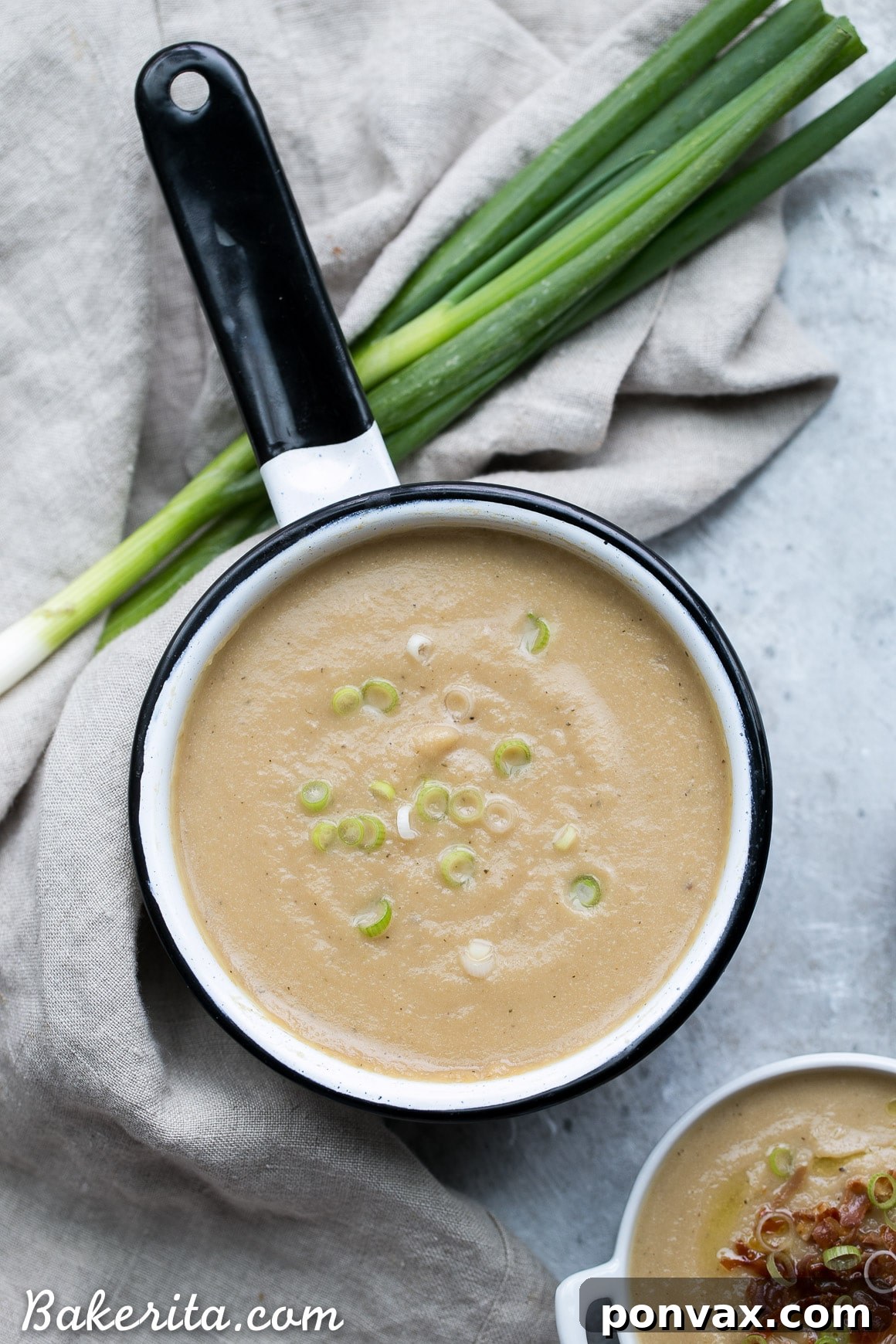 A rustic bowl of Cauliflower Leek Soup with a hint of garnish.