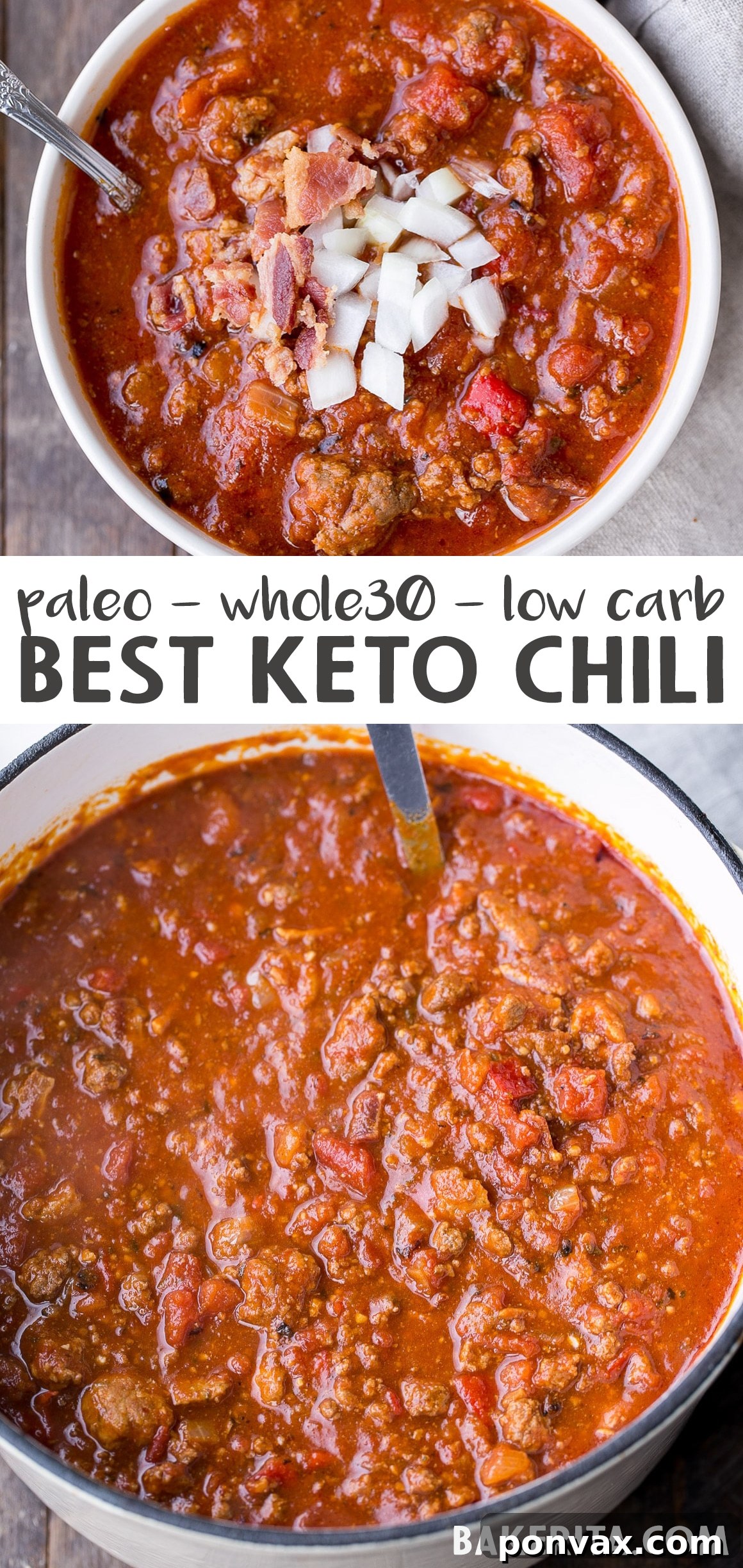 A final close-up of a serving of Low-Carb Paleo Chili, beautifully presented with fresh green garnishes, emphasizing its rich texture and appetizing appeal.