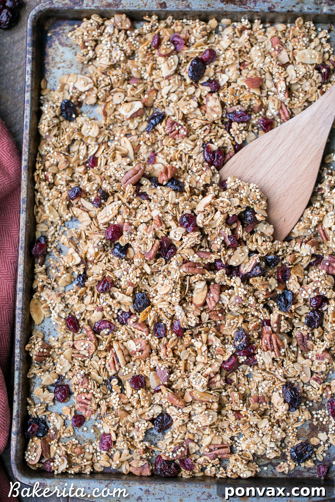 Wholesome Vegan Gluten Free Quinoa Granola 6 A close-up shot of Quinoa Granola with dried cranberries, showing the mix of grains, nuts, and fruit.