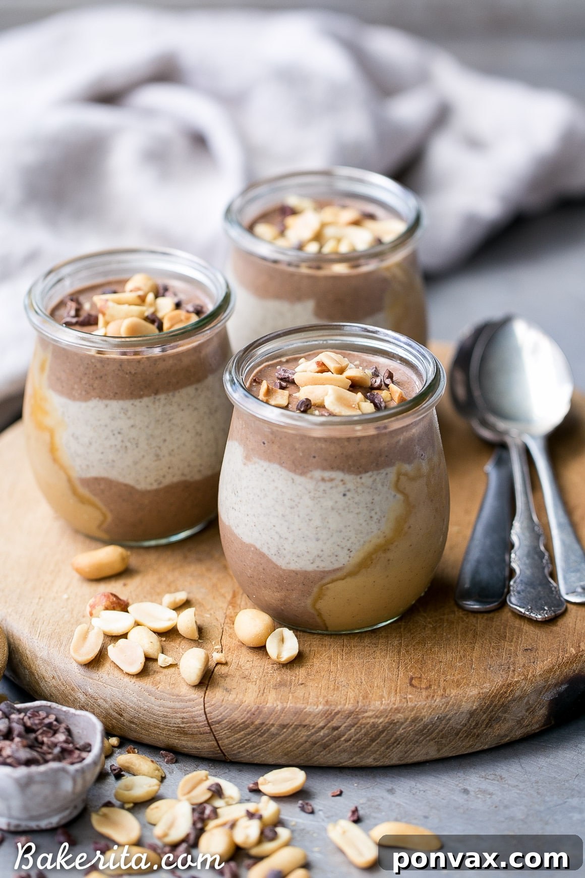 A vibrant, layered chocolate peanut butter chia pudding in a glass jar, garnished with a sprinkle of chocolate chips and peanuts, ready to be enjoyed for a healthy breakfast or dessert.