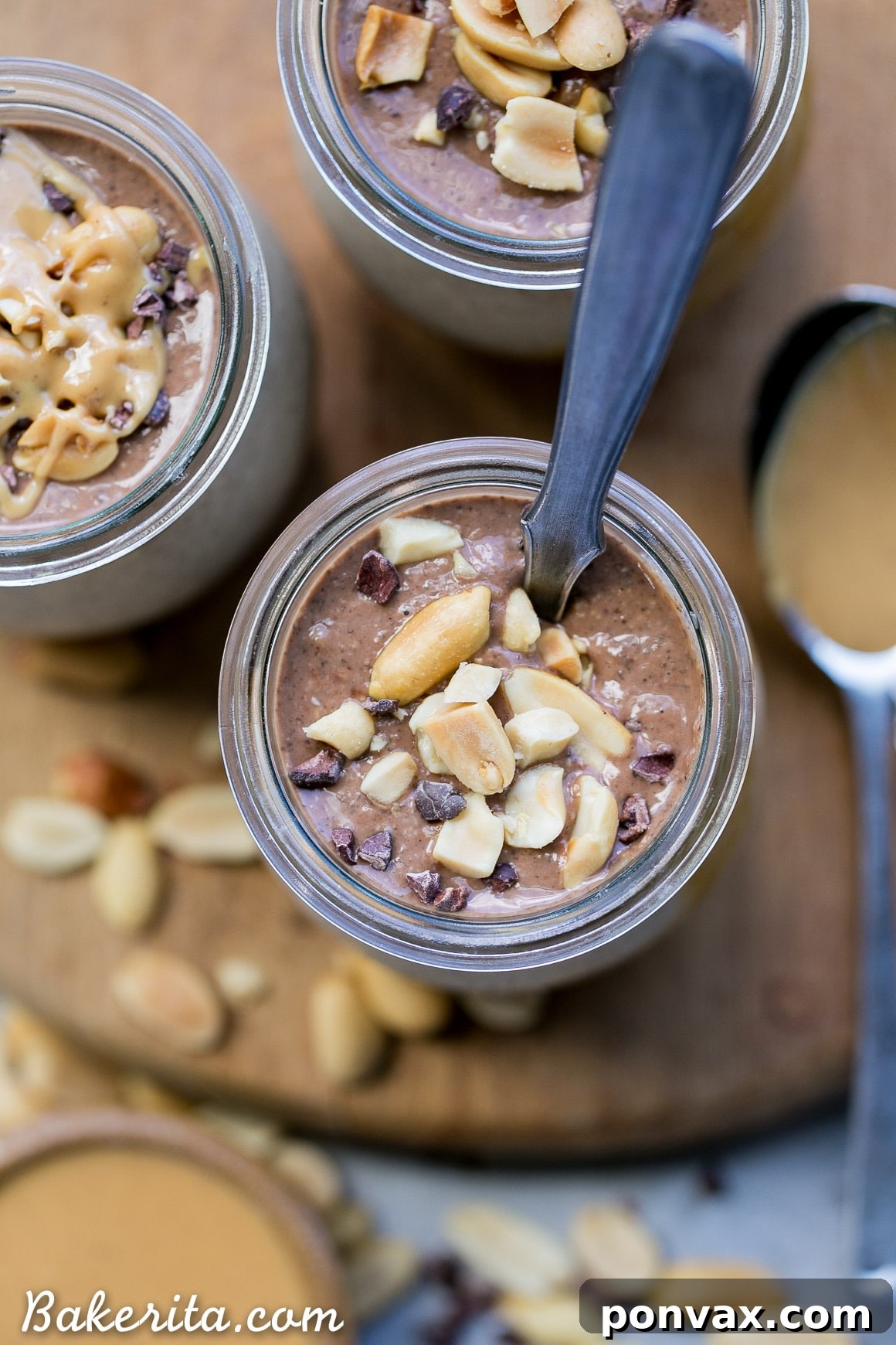A close-up of the smooth, creamy chocolate layer of the chia pudding, showing its rich color and inviting texture in a glass.