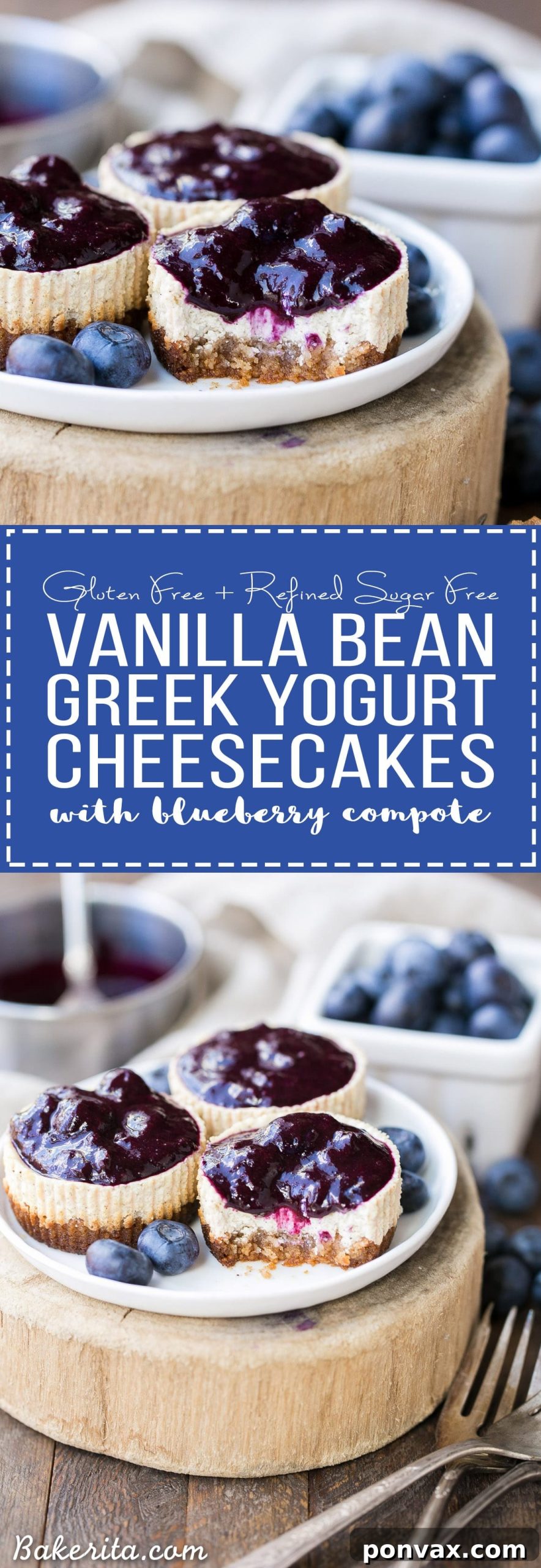 A full view of the delicious Vanilla Bean Greek Yogurt Cheesecakes with Blueberry Compote, arranged beautifully to highlight their appeal as a light and healthy dessert option.