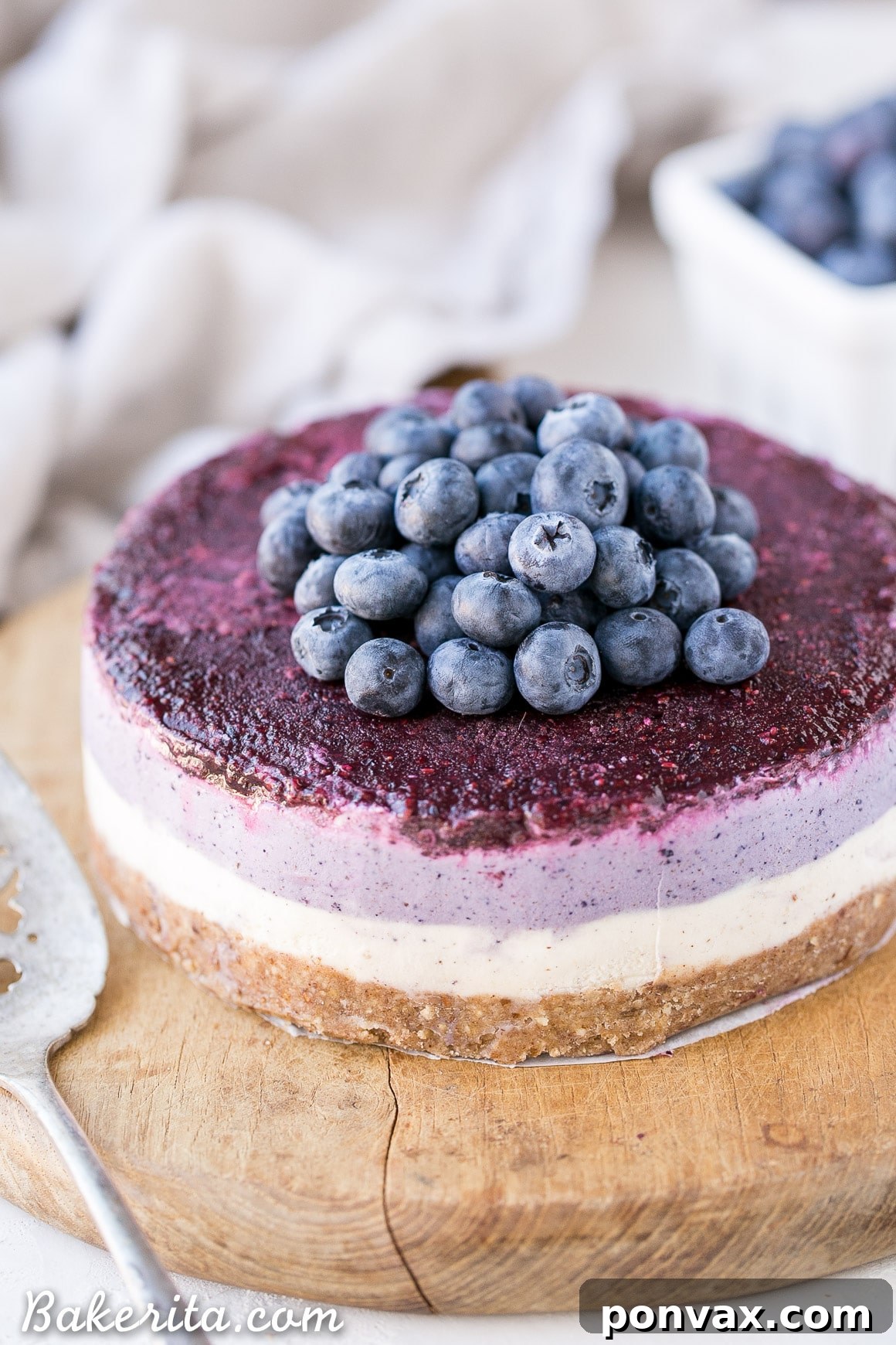 A side view of the whole no-bake layered blueberry vegan cheesecake, emphasizing its elegant height and distinct color separation.