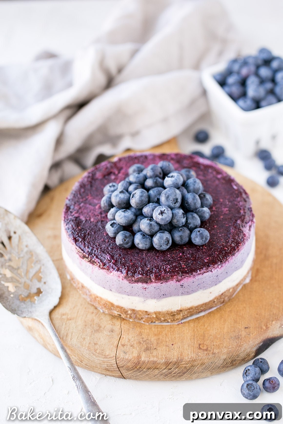 A close-up shot of a single slice of no-bake layered blueberry vegan cheesecake, showing the delicate texture and vibrant color contrast between layers.