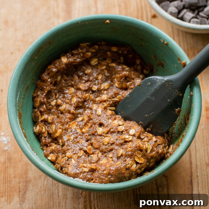 Gluten-Free Oatmeal Chocolate Chip Skillet Delight 11 Image showing the cookie dough after dry ingredients are mixed in.