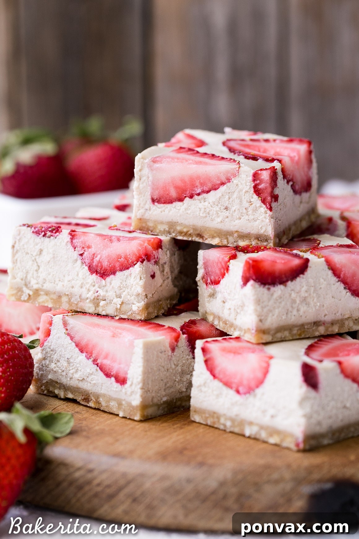 Exquisitely creamy No-Bake Vegan Strawberry Shortcake Bars, featuring a rich cashew base and vibrant strawberry topping, perfect for a gluten-free and vegan treat.