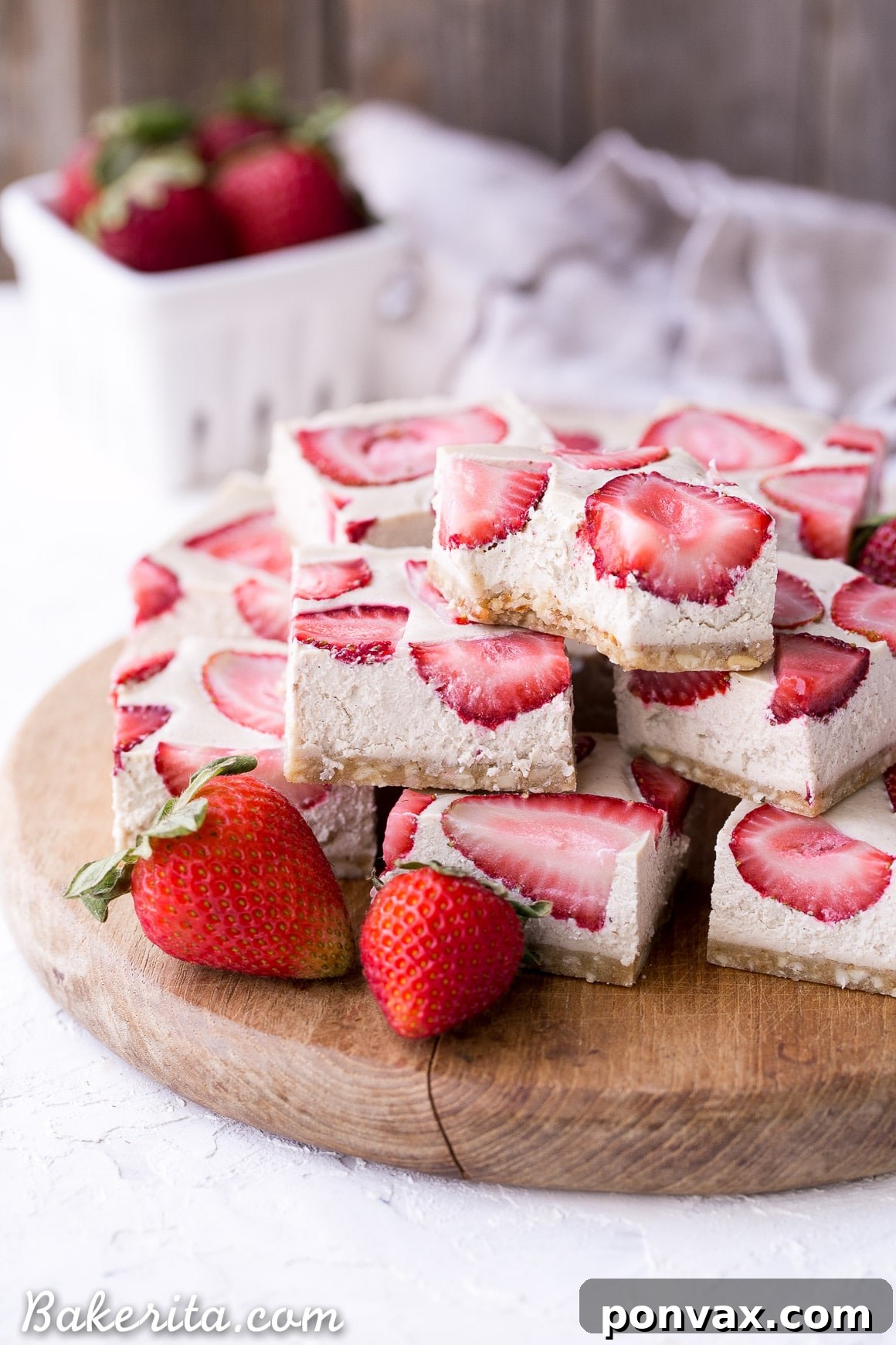 Perfectly chilled Vegan Strawberry Shortcake Bars, featuring a smooth, dairy-free cashew cream and a fruity strawberry topping, offering a refreshing gluten-free dessert.