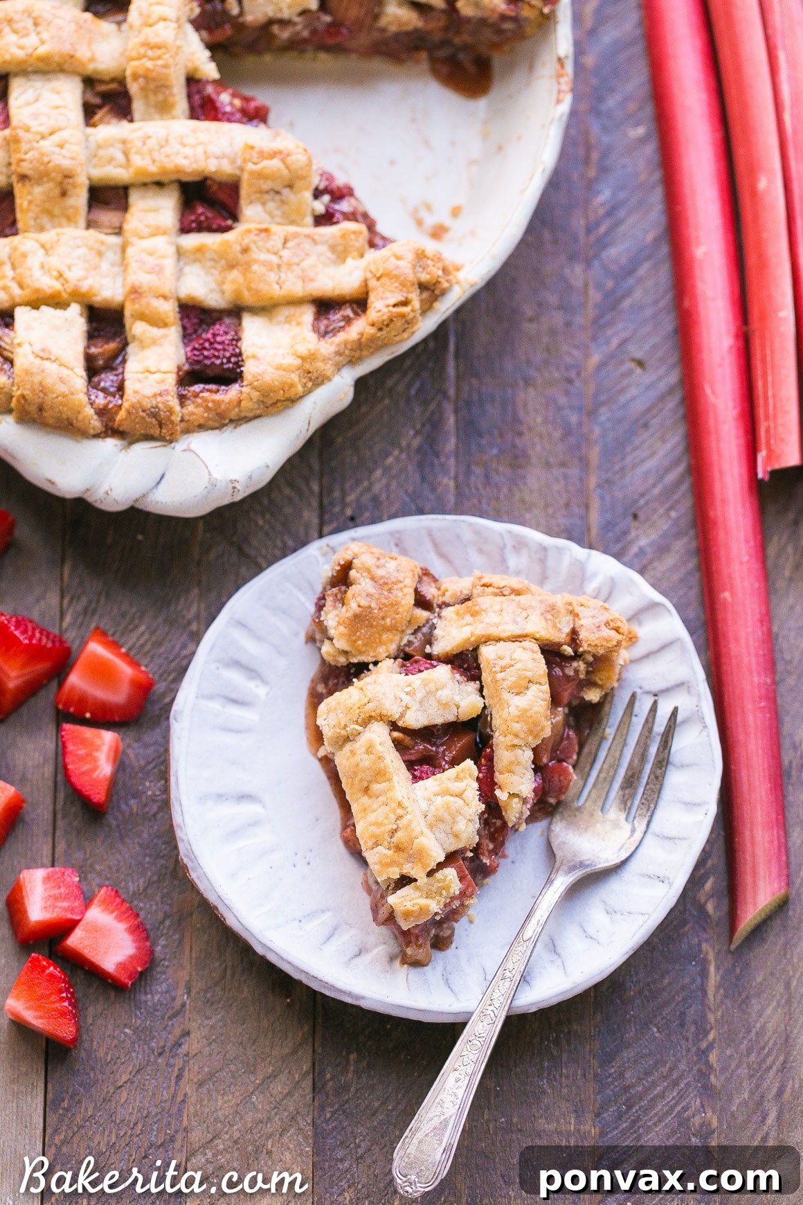 Heavenly Gluten Free Strawberry Rhubarb Pie 3 Close-up of a whole gluten-free strawberry rhubarb pie, showing the golden-brown lattice crust and colorful fruit peeking through.