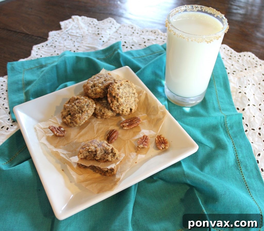 Stack of Gluten-Free Oatmeal Pecan Cookies A stack of delicious gluten-free oatmeal pecan cookies.
