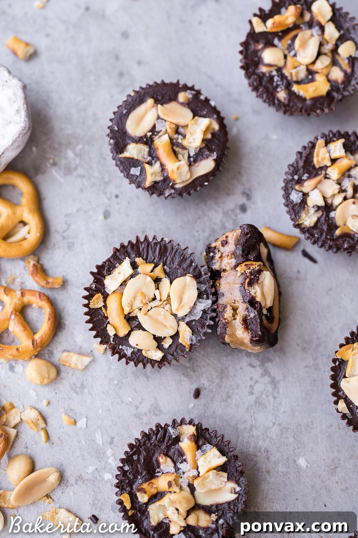 Better Than Take 5 Peanut Butter Pretzel Cups 5 Inside view of a Chocolate Pretzel Peanut Butter Cup, showing distinct layers of chocolate, pretzels, peanut butter caramel, and peanuts.