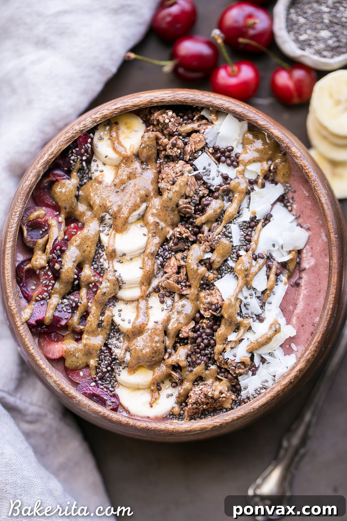 Cherry Banana Bliss Bowl 3 Close-up shot of a creamy, thick Banana Cherry Smoothie Bowl, showing the smooth texture and rich color