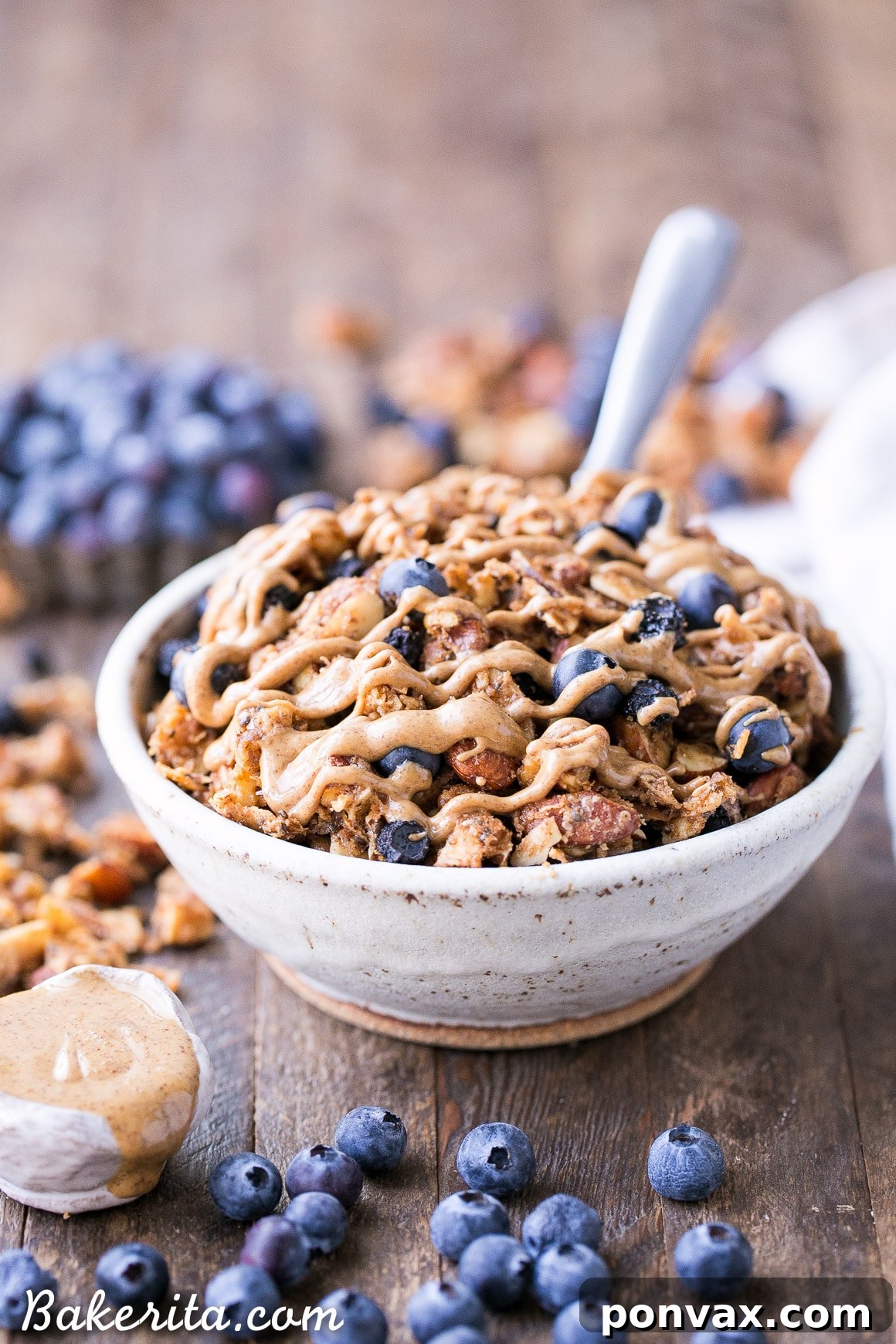 This Blueberry Almond Butter Grain-Free Granola is an easy and satisfying gluten-free, vegan and paleo granola recipe that makes the perfect breakfast or snack. It's made with simple, wholesome ingredients and is loaded with filling nuts and healthy fats to keep you satisfied.