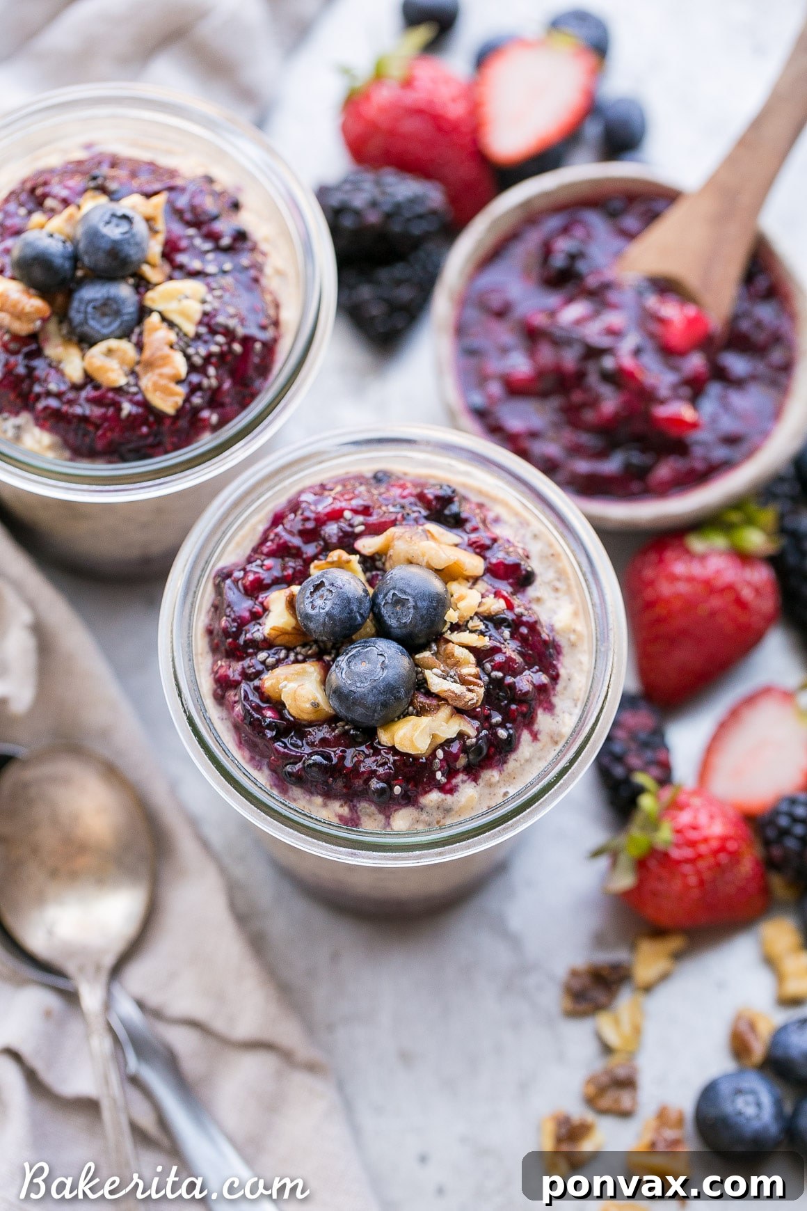 Close-up shot of the Superfood Overnight Oats in a glass jar, showcasing its rich texture and wholesome ingredients.