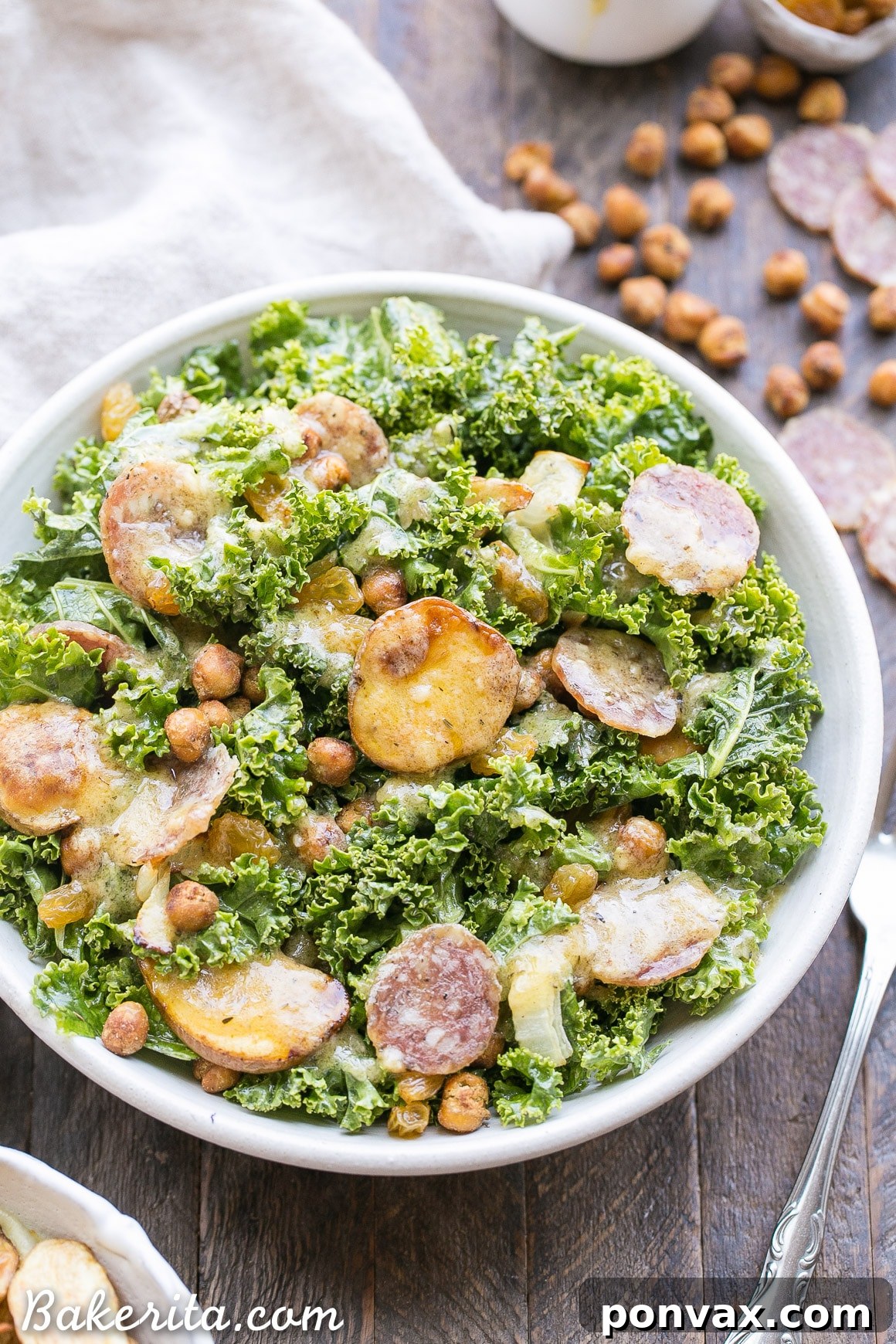 Overhead shot of the Kale & Salami Salad with Roasted Garlic Vinaigrette, showing the abundant ingredients.