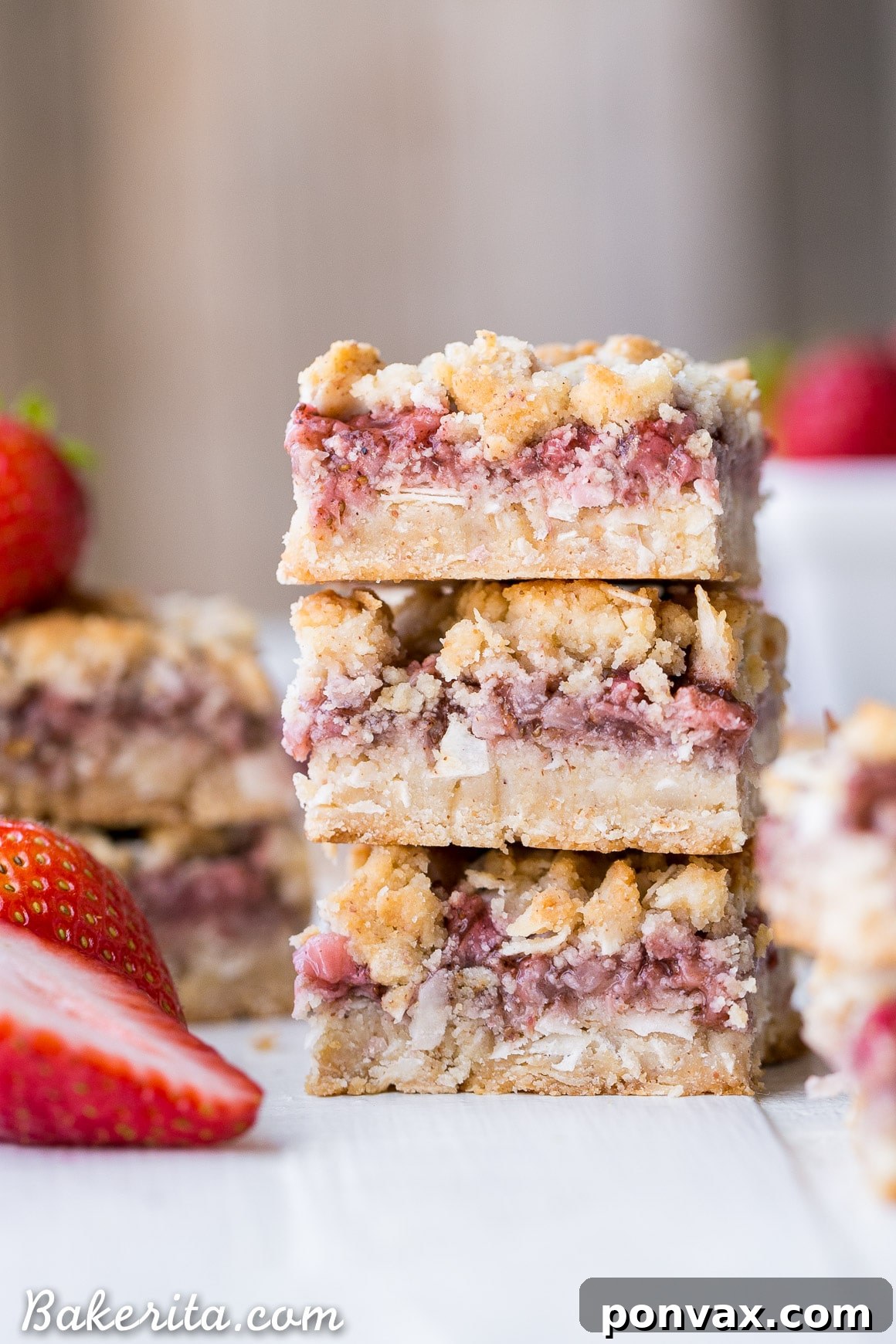 Delicious Strawberry Crumble Bars with a golden, textured topping and sweet fruit filling.