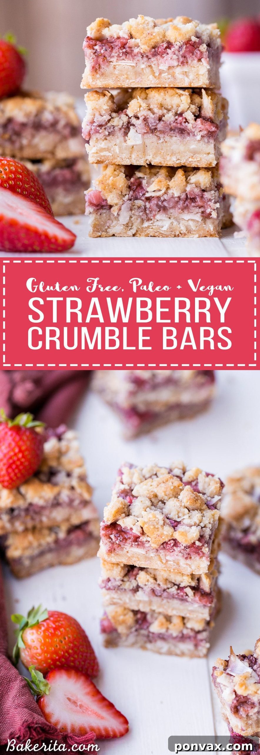 A close-up of Strawberry Crumble Bars, showcasing the texture of the crumble and the vibrant strawberry filling.