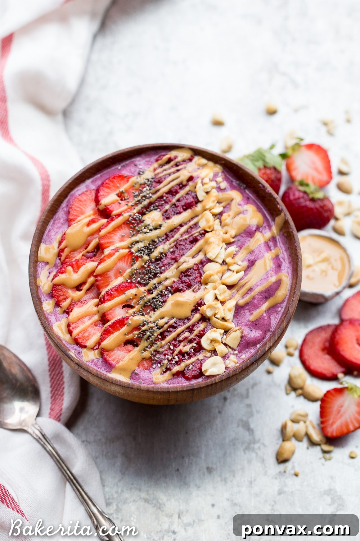 PBJ Smoothie Bowl Vegan Gluten Free 3 Experience the nostalgic taste of Peanut Butter & Jelly in a healthy, vibrant smoothie bowl. This vegan and gluten-free breakfast is secretly packed with vegetables, ensuring a creamy texture and lasting satisfaction.