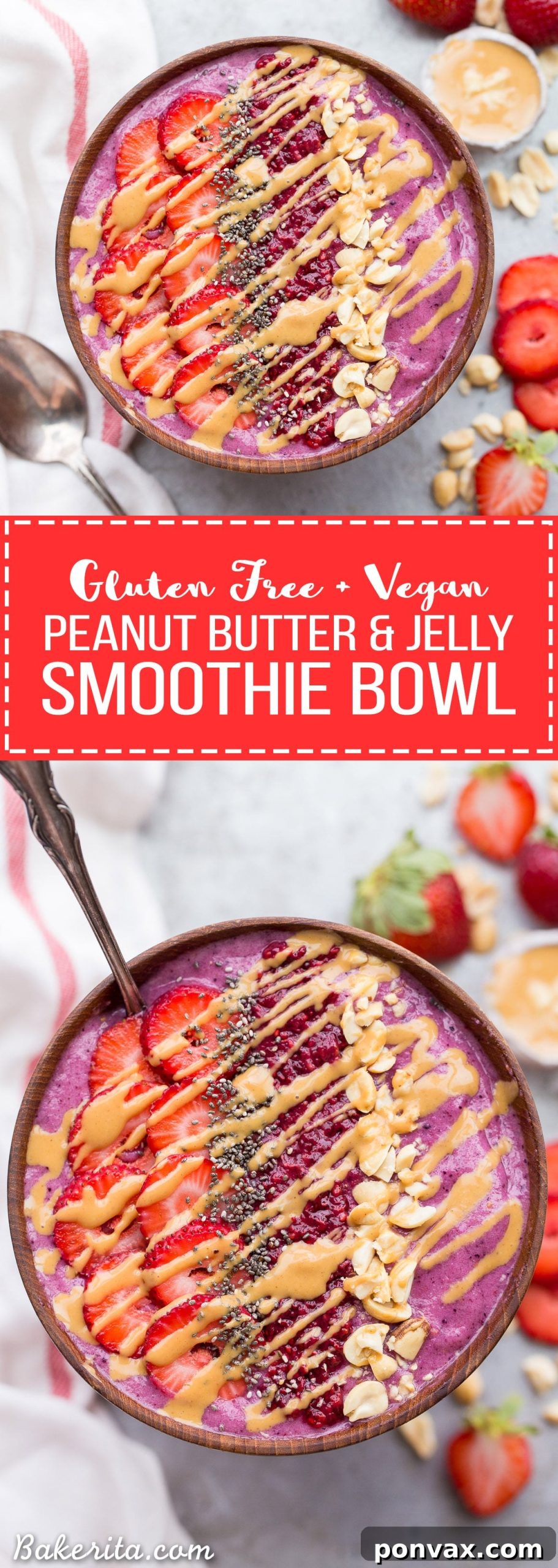 PBJ Smoothie Bowl Vegan Gluten Free 8 This Peanut Butter & Jelly Smoothie Bowl is smooth, creamy, and delicious - the flavors will bring you right back to your favorite childhood sandwich. This gluten-free and vegan breakfast bowl has a secret vegetable ingredient packed in too - shhh!