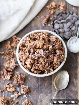 Hero shot of Chunky Chocolate Grain-Free Granola in a bowl, showcasing its impressive chunky texture and rich chocolate appearance.