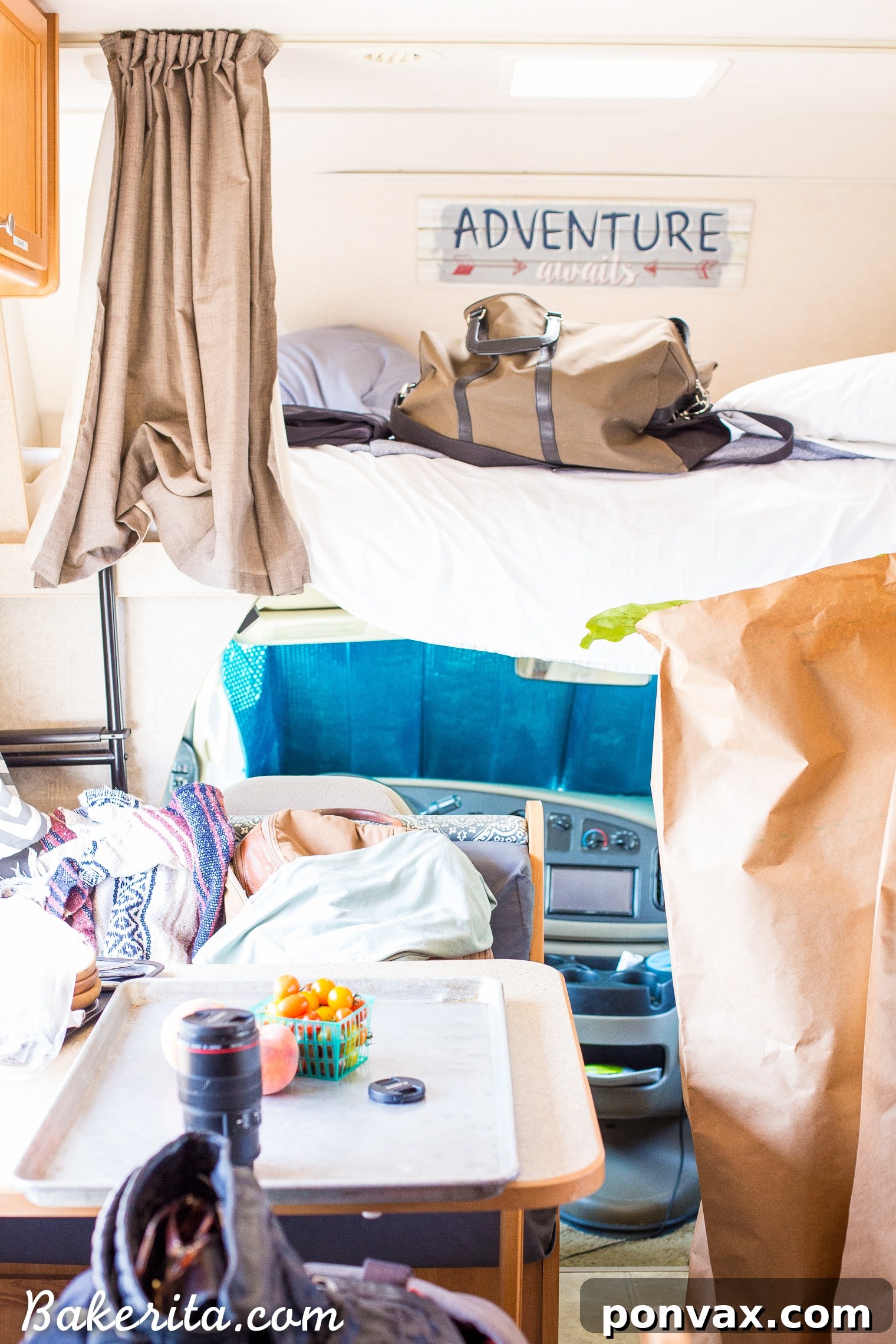 Santa Barbara RV Adventure with a Refreshing Peach Tomato Salad 22 An interior shot of the RV, showing a comfortable and cozy living space, perhaps hinting at Barb the plant.