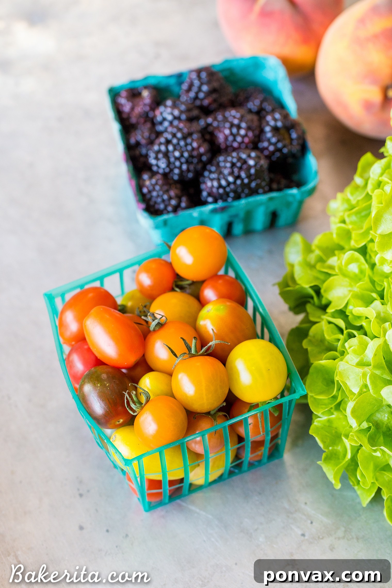 Santa Barbara RV Adventure with a Refreshing Peach Tomato Salad 23 Close-up of a bounty of fresh, ripe heirloom tomatoes from the Santa Barbara Farmers Market, perfect for salads.