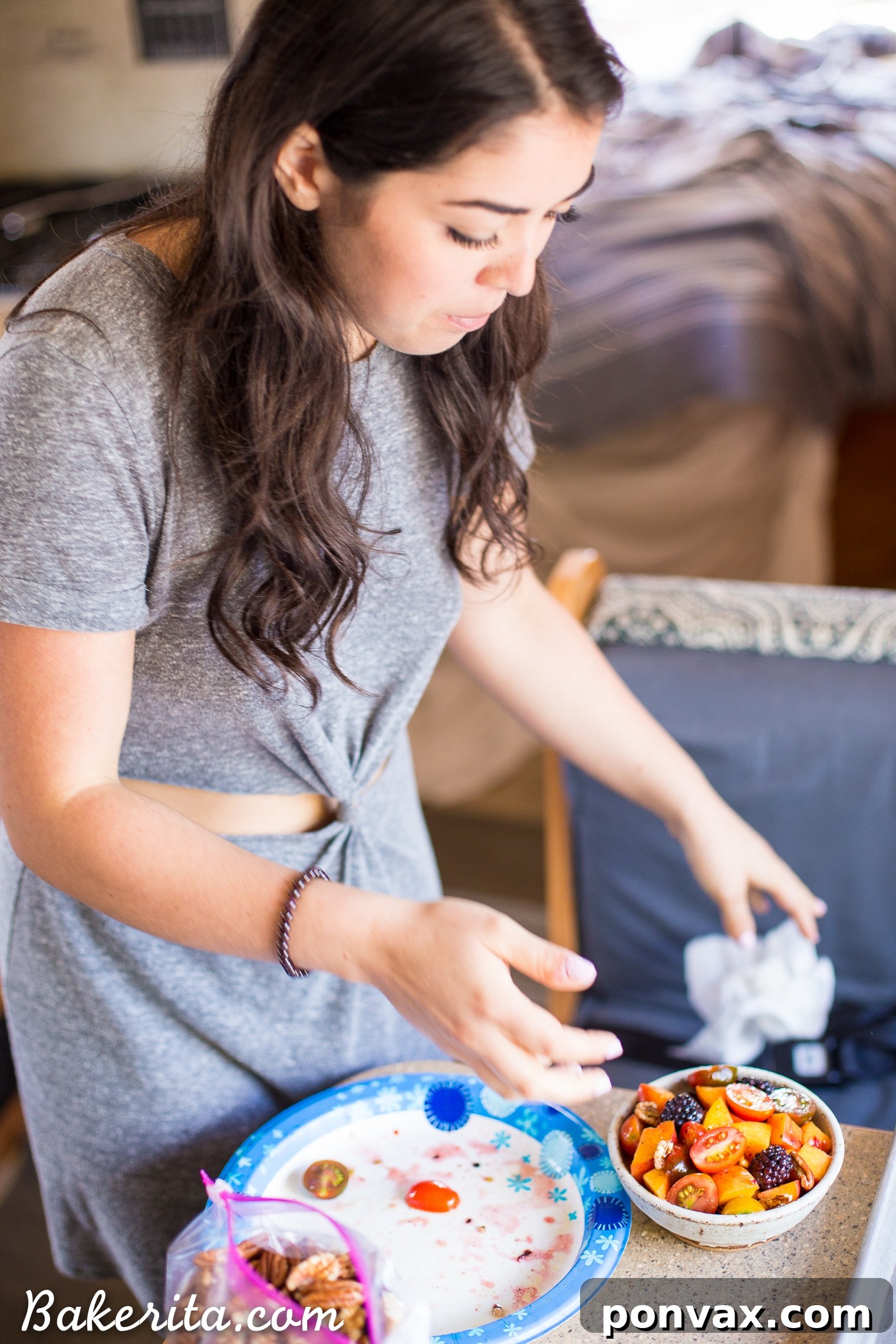Santa Barbara RV Adventure with a Refreshing Peach Tomato Salad 26 Prepping fresh ingredients for a Simple Peach Tomato Salad in the compact but functional RV kitchen.