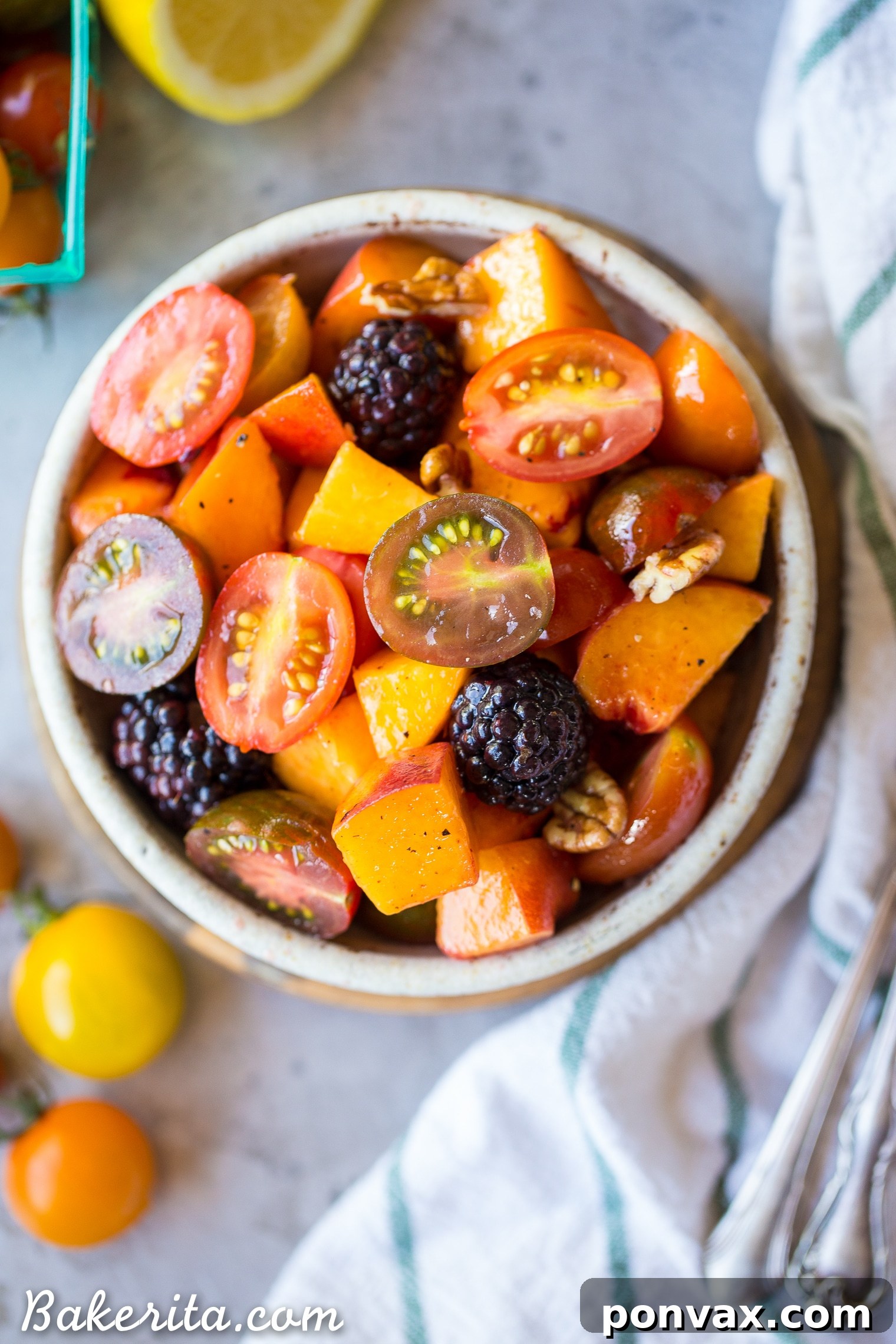 Santa Barbara RV Adventure with a Refreshing Peach Tomato Salad 27 Styling a colorful Simple Peach Tomato Salad with ripe peaches, heirloom tomatoes, and juicy blackberries.