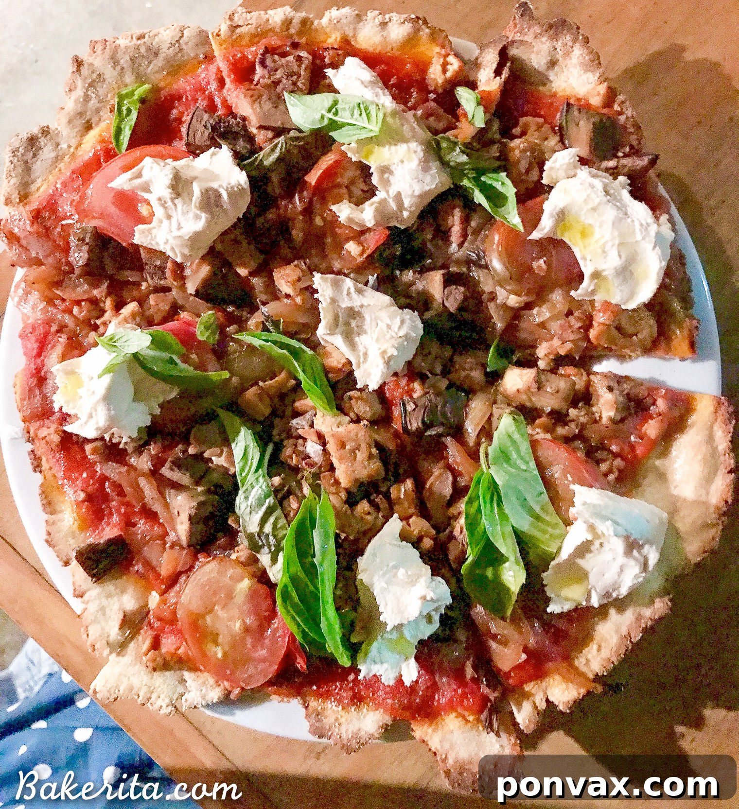 Santa Barbara RV Adventure with a Refreshing Peach Tomato Salad 7 Gluten-Free Vegan Pizza from Mesa Verde, Santa Barbara, featuring smoked eggplant, cashew cheese, and tempeh bacon.