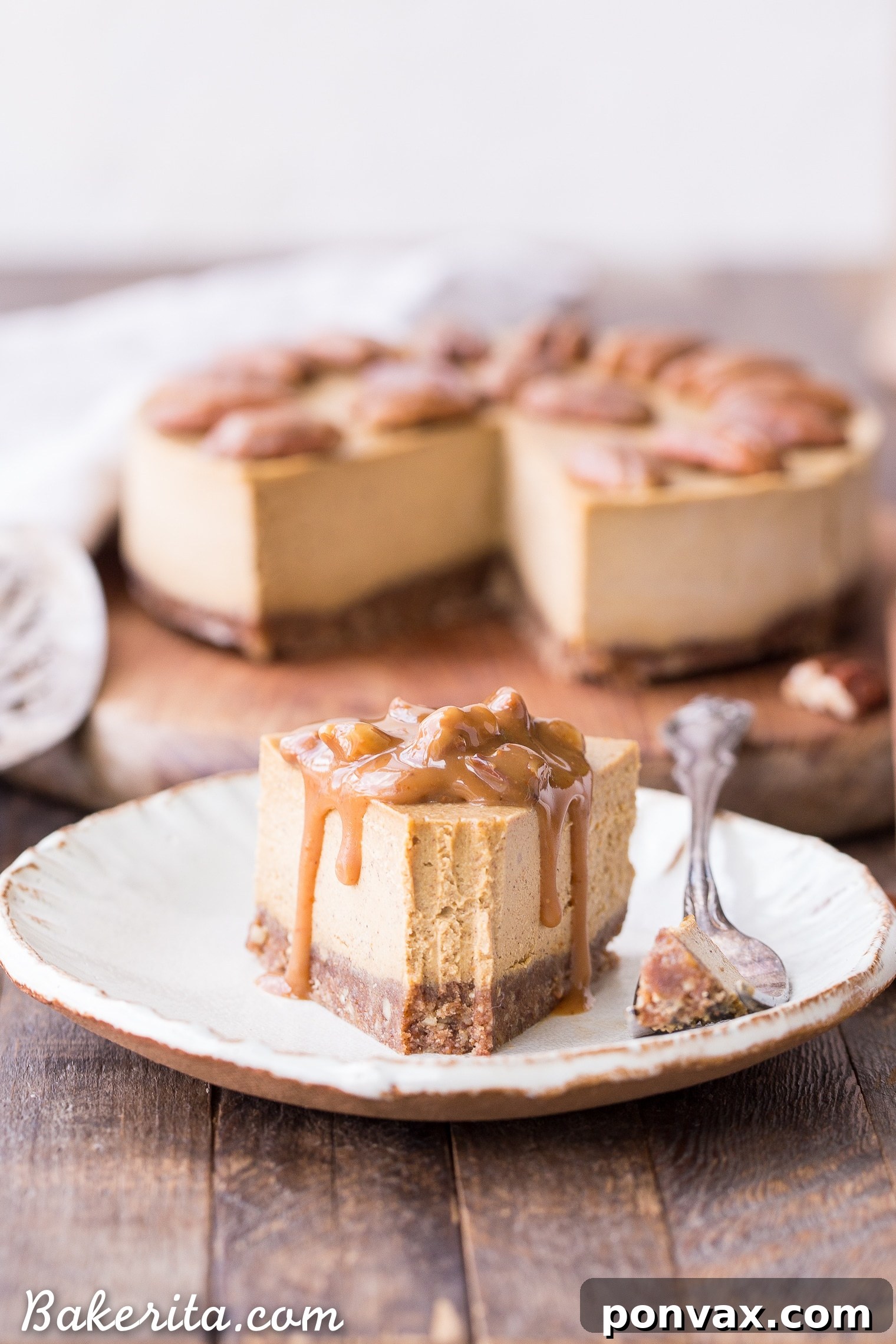 This No Bake Pumpkin Cheesecake is super creamy with a pecan crust and a spiced pumpkin cheesecake filling that's made with cashews! This healthier pumpkin cheesecake is gluten-free, dairy-free, paleo + vegan, and absolutely perfect for the holidays.