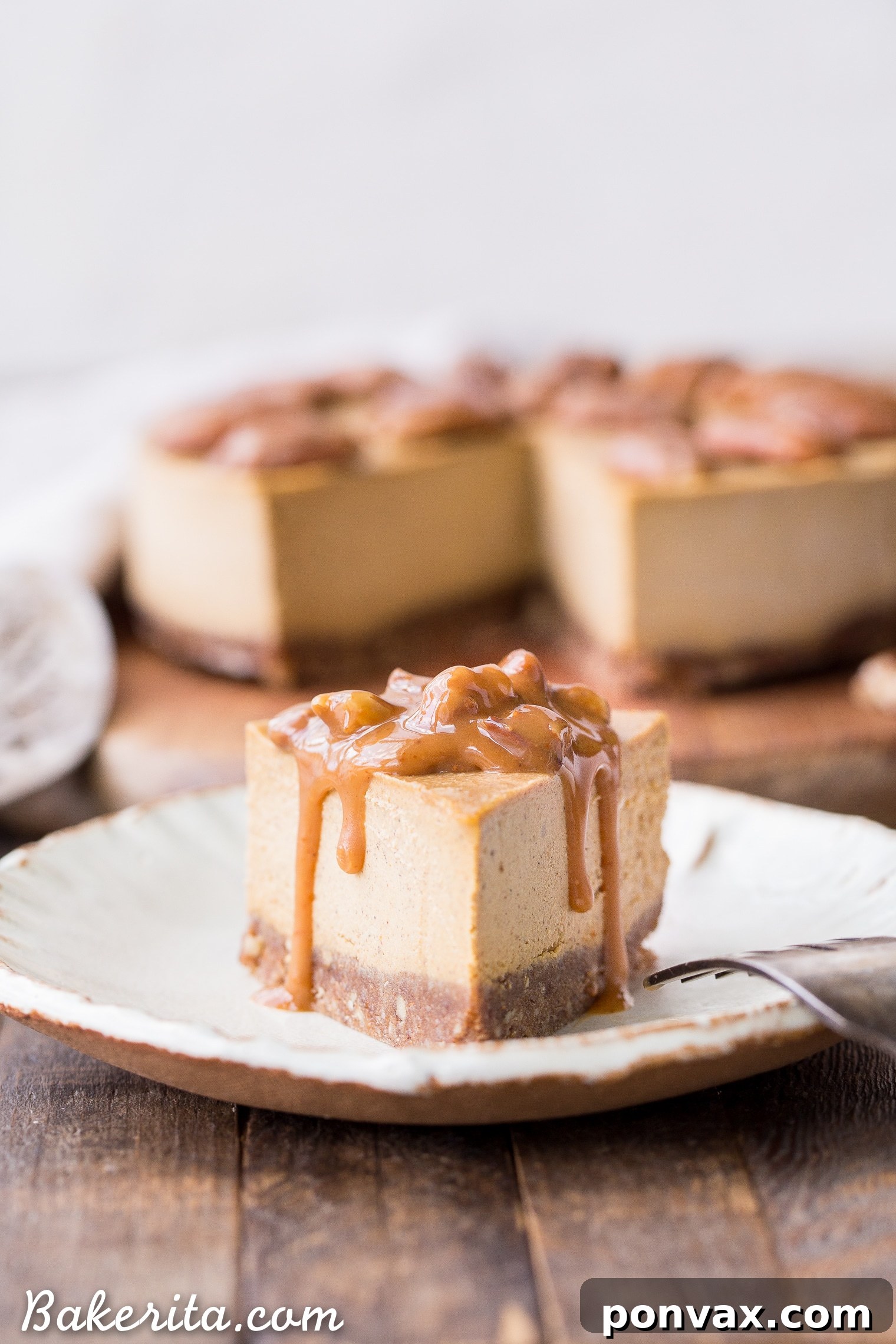 This No Bake Pumpkin Cheesecake is super creamy with a pecan crust and a spiced pumpkin cheesecake filling that's made with cashews! This healthier pumpkin cheesecake is gluten-free, dairy-free, paleo + vegan, and absolutely perfect for the holidays.