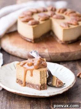 This No Bake Pumpkin Cheesecake is super creamy with a pecan crust and a spiced pumpkin cheesecake filling that's made with cashews! This healthier pumpkin cheesecake is gluten-free, dairy-free, paleo + vegan, and absolutely perfect for the holidays.