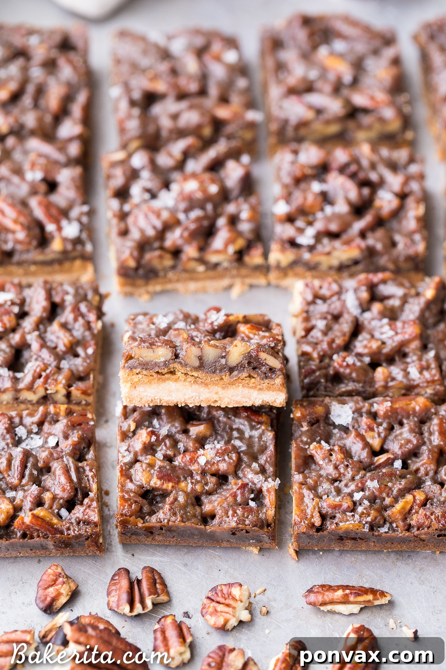 Thick and caramelly Pecan Pie Bars with a crispy coconut flour shortbread crust and gooey pecan filling. Gluten-free, paleo, and vegan, perfect for dessert spreads.