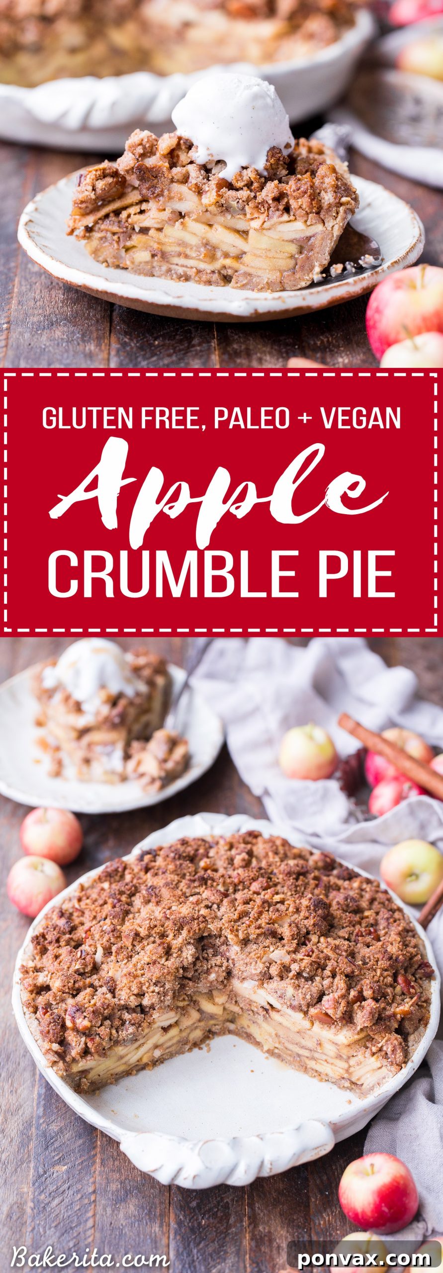 This Apple Crumble Pie is so delicious it's bound to be a holiday dessert staple! This gluten free, paleo + vegan pie is filled with soft, caramelized apples and topped with a nutty, crunchy paleo crumble topping.