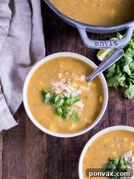 Plant-Powered White Bean Chili 2 A delicious bowl of creamy Vegan White Bean Chili, garnished with fresh cilantro and a lime wedge.