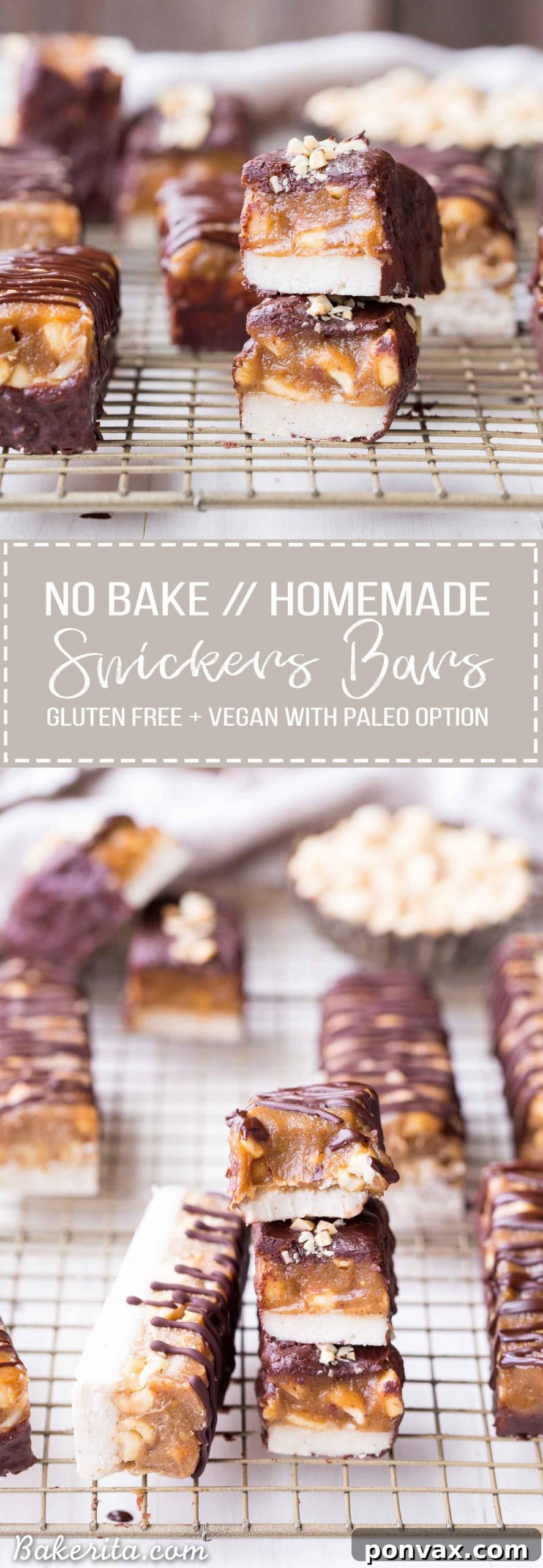 Display of various homemade healthier candy bars, including Snickers, peanut butter cups, and Twix bars.