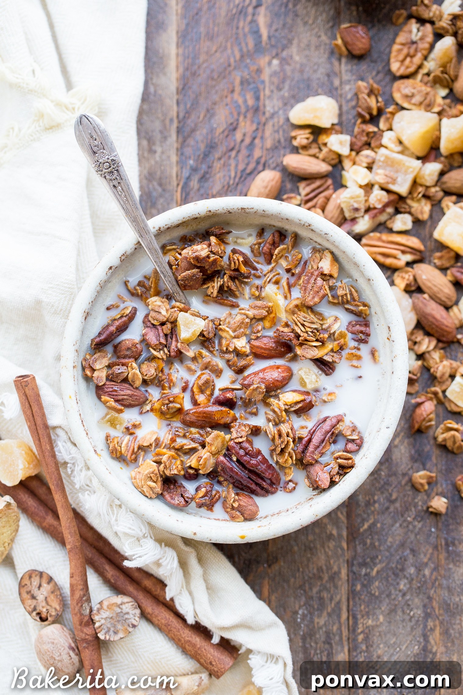 Gingerbread Spice Granola 2 Crunchy Gingerbread Granola with warm spices, molasses, and chewy crystallized ginger. A perfect gluten-free and vegan breakfast or gift.