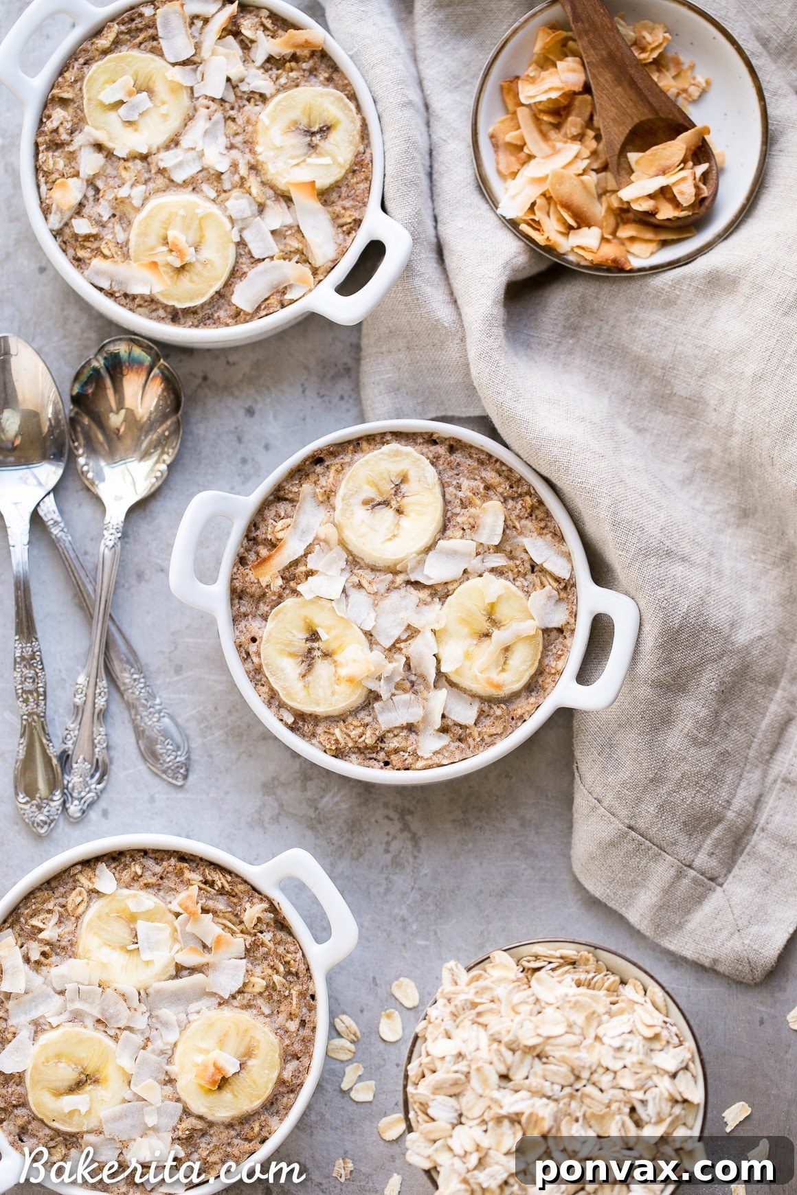 A beautifully presented serving of Banana Coconut Baked Oatmeal, garnished with fresh banana slices and shredded coconut, emphasizing its healthy appeal.