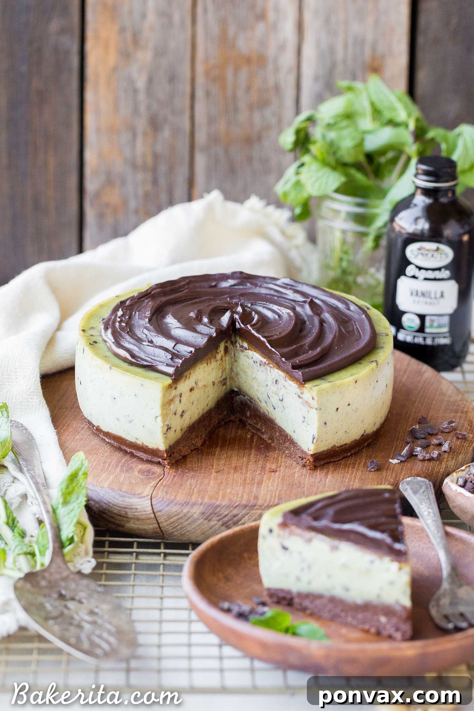 Paleo Vegan Gluten Free No Bake Mint Chip Cheesecake 4 Close-up of a mint chip cheesecake slice, revealing the rich chocolate crust and creamy mint filling with visible cacao nibs.