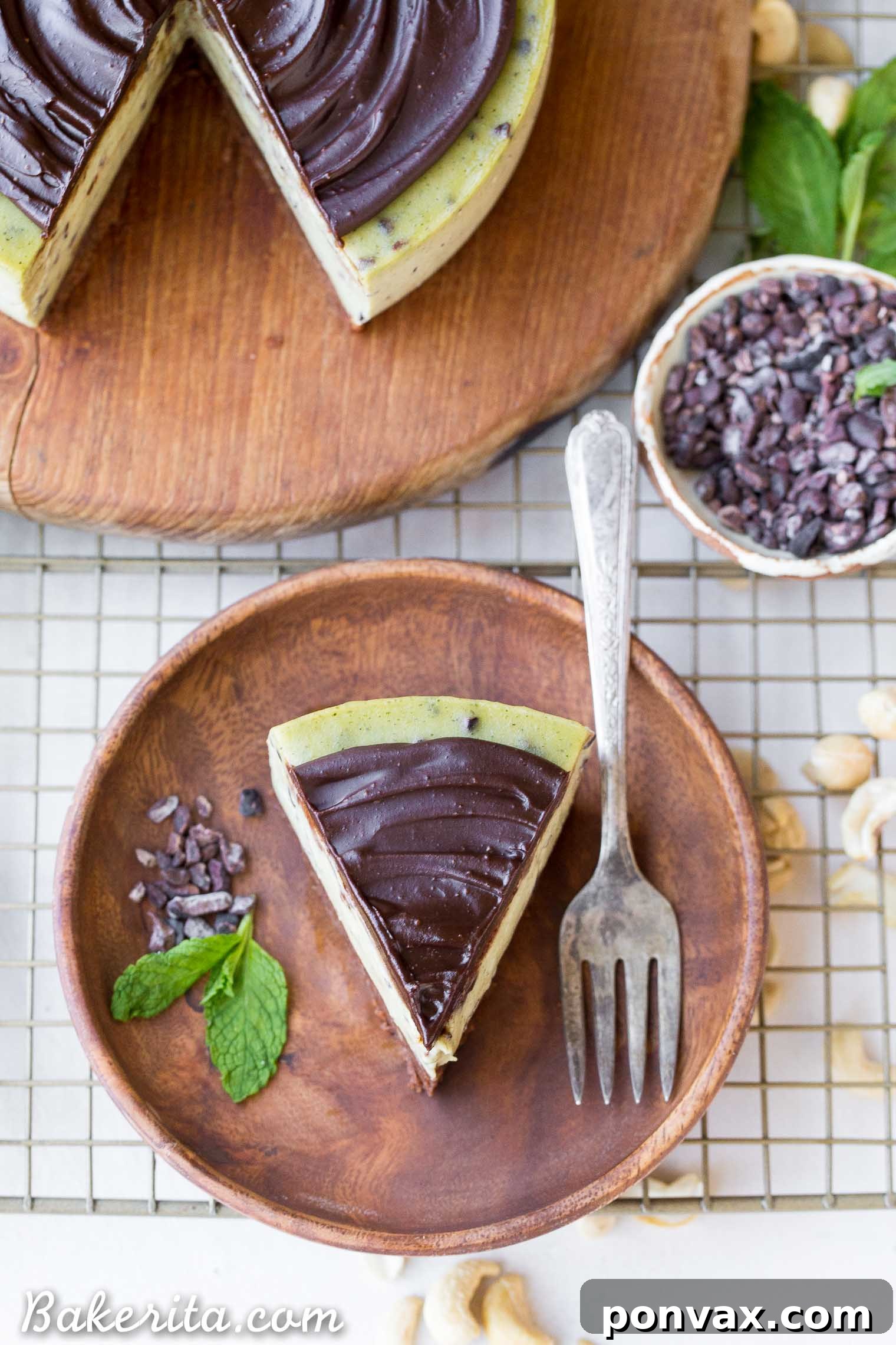 Paleo Vegan Gluten Free No Bake Mint Chip Cheesecake 5 Several slices of no-bake mint chip cheesecake artfully arranged on a white plate, ready to be served.