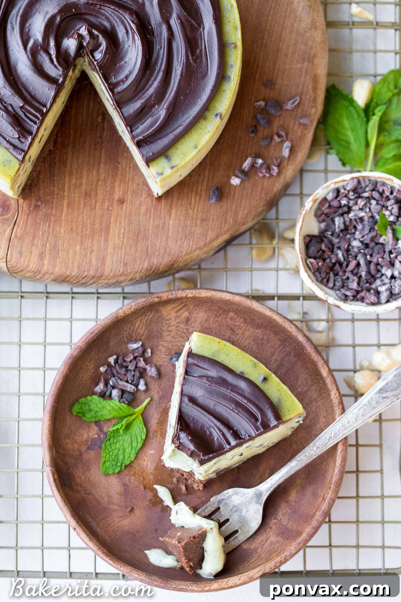 Paleo Vegan Gluten Free No Bake Mint Chip Cheesecake 7 An overhead view of the no-bake mint chip cheesecake, showing its perfectly smooth ganache and vibrant green interior.