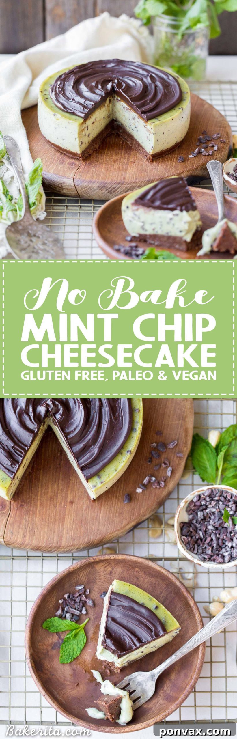 Paleo Vegan Gluten Free No Bake Mint Chip Cheesecake 9 The stunning no-bake mint chip cheesecake, perfect for healthy, paleo, and vegan dessert lovers, shown on a white background.
