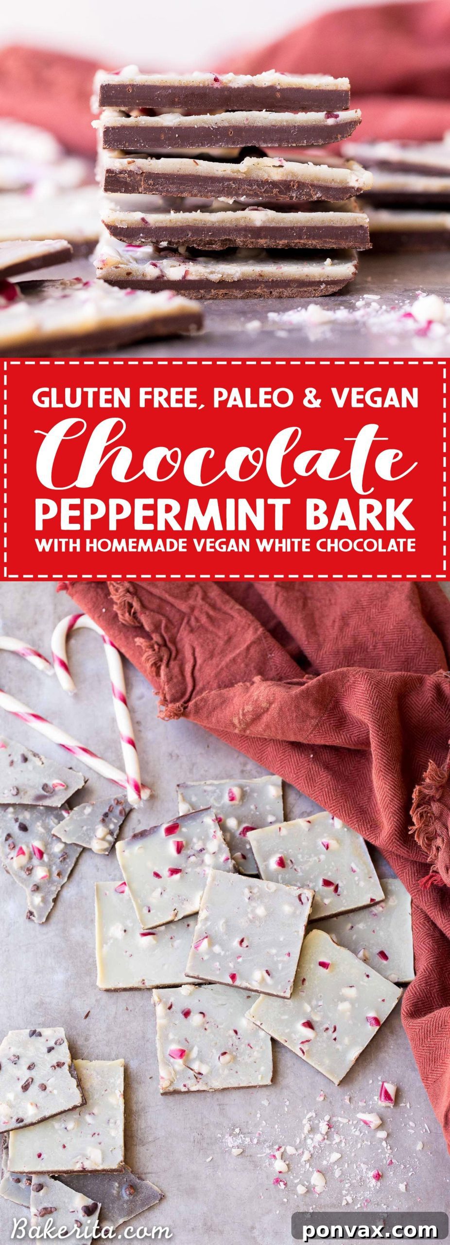 Close-up of a stack of Vegan Chocolate Peppermint Bark pieces, arranged artfully on a small plate. The vibrant red peppermint pieces contrast beautifully with the layered dark and white chocolate, making for an enticing holiday treat.