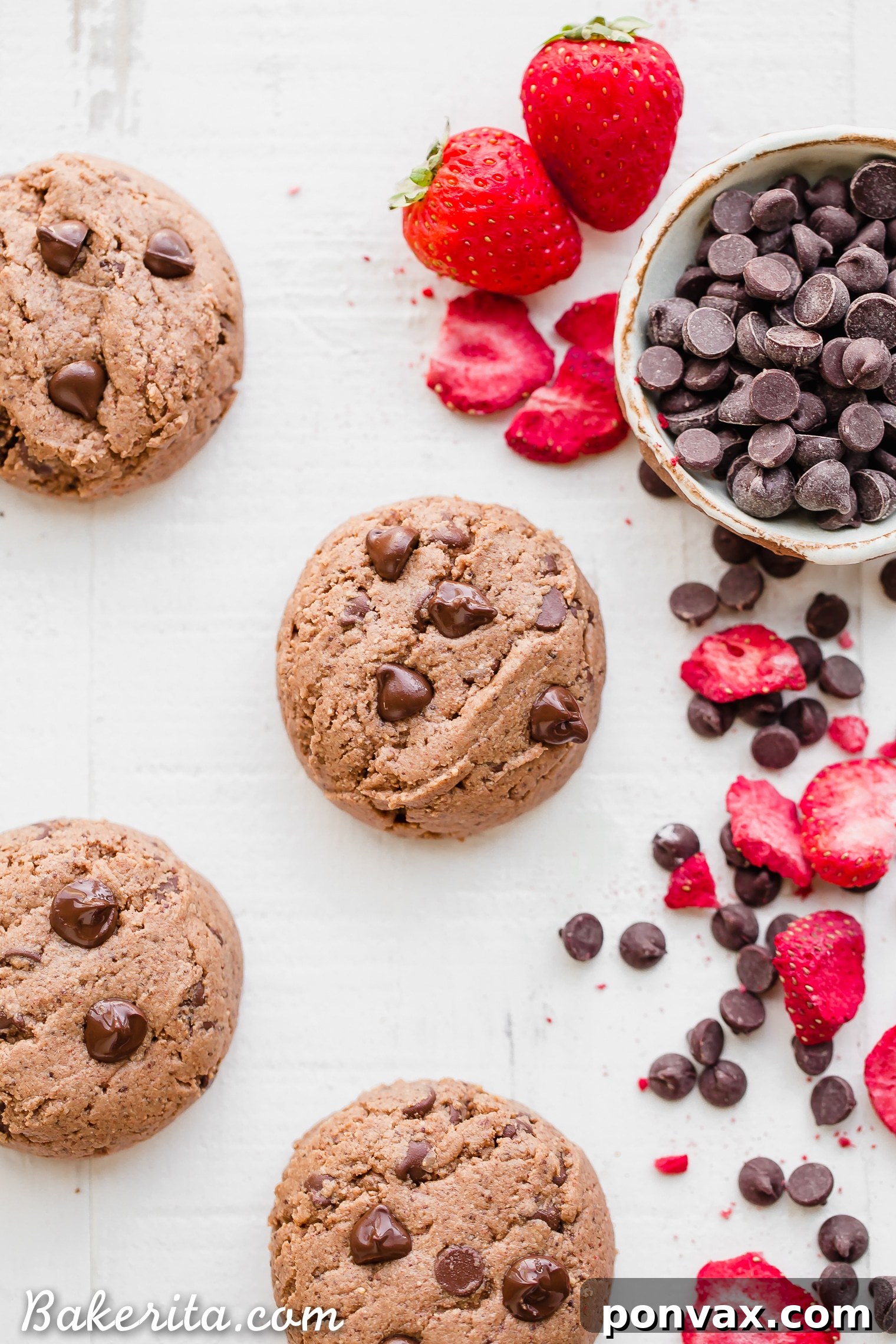 Thick, gooey Flourless Strawberry Chocolate Chip Cookies with vibrant strawberry flavor and melted chocolate. Gluten-free, paleo, and vegan, made with six ingredients.